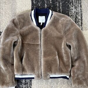 Joie Tan Faux Fur Jacket with Blue Trim